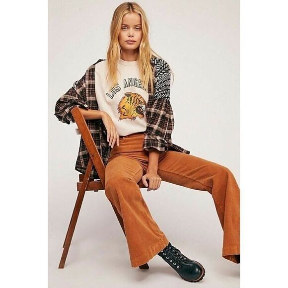 NEW FREE PEOPLE Sz S FIRESIDE NIGHTS BUTTONDOWN PLAID MIXED MEDIA - Picture 3 of 3